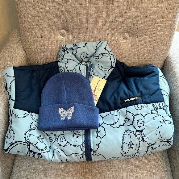 Cartoon Bear Print Oversized Jacket Loose Crop Puffer and Korean Knitted Beanie - Picture 4 of 14